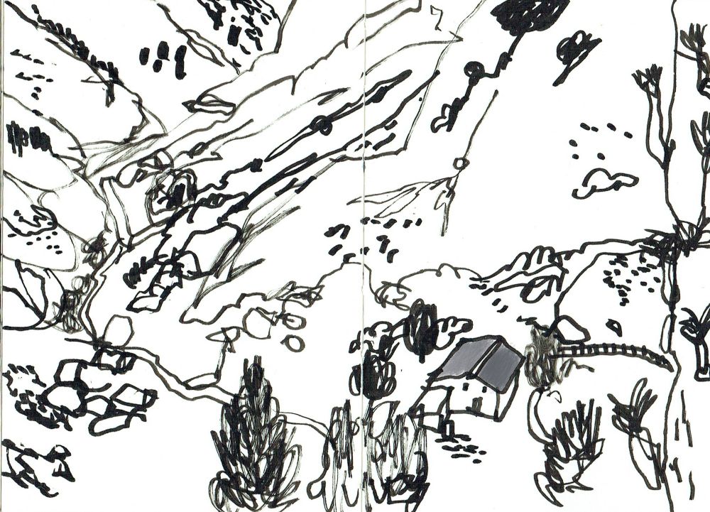 A black ink drawing of a valley showing trees, rocks, a building and a stream.