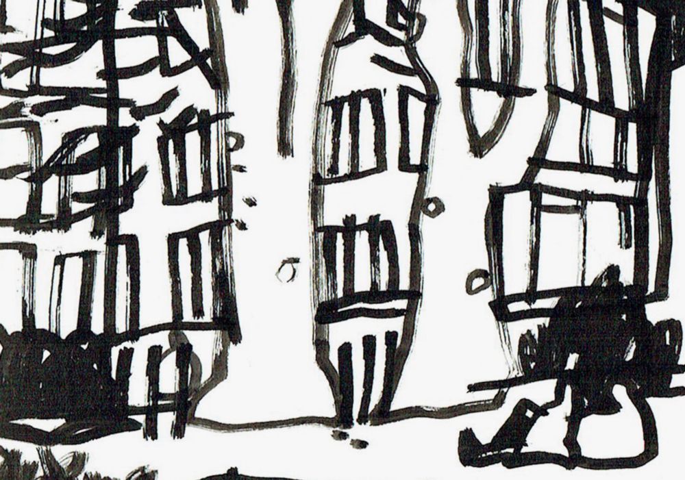 A detail of a monochrome ink drawing of trees and buildings in thick black lines.