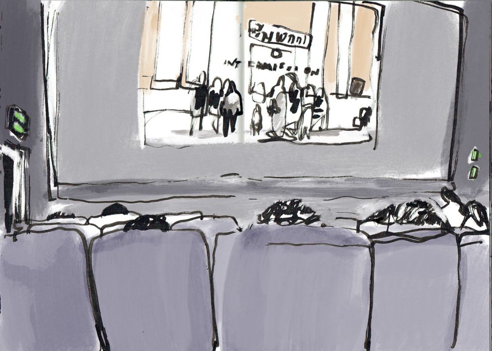 An ink drawing of the photo of a wedding party projected during the intermission of The Brutalist, with digital colour added later.