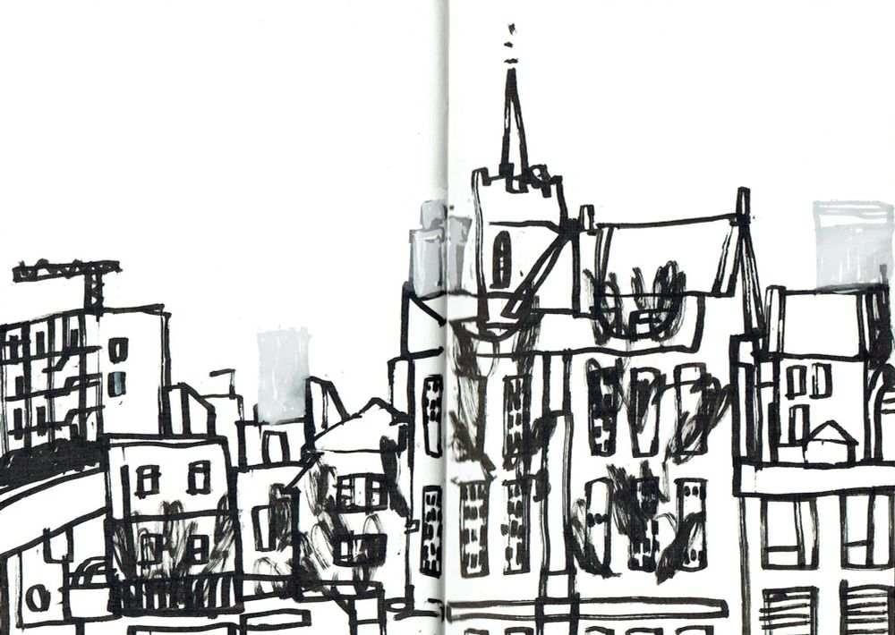An ink drawing of East End buildings including a church, flats and a school with the towers of the City of London in the background.