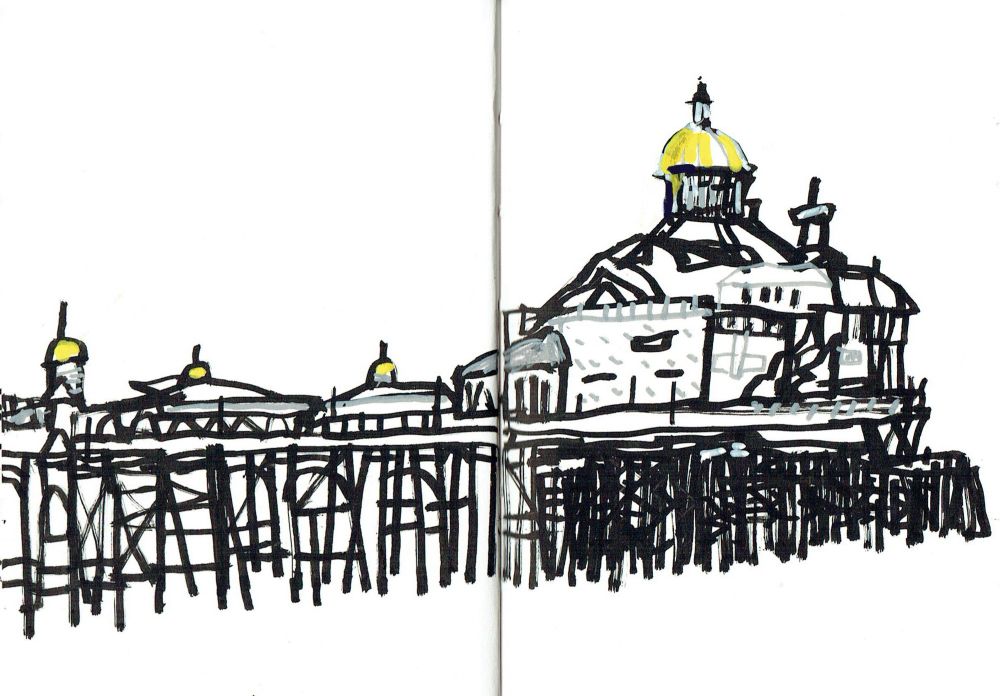 An ink drawing of the structure of Eastbourne Pier, with a few small golden domes, and one larger one.