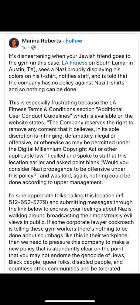 LA Fitness claims that they cannot do anything about person in Nazi shirt