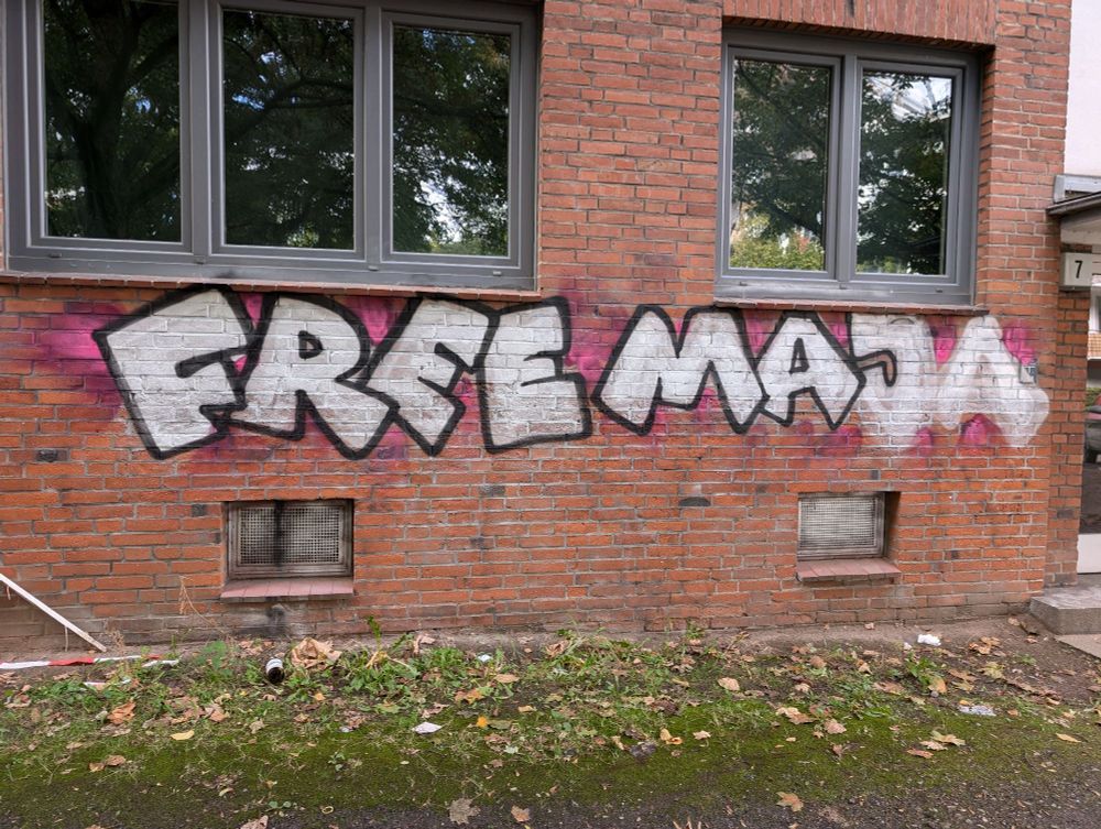 Graffiti-Schriftzug, silberne Buchstaben mit schwarzer Umrandung:"Free Maja", wobei die letzten beiden Buchstaben noch nicht fertig umrandet sind.