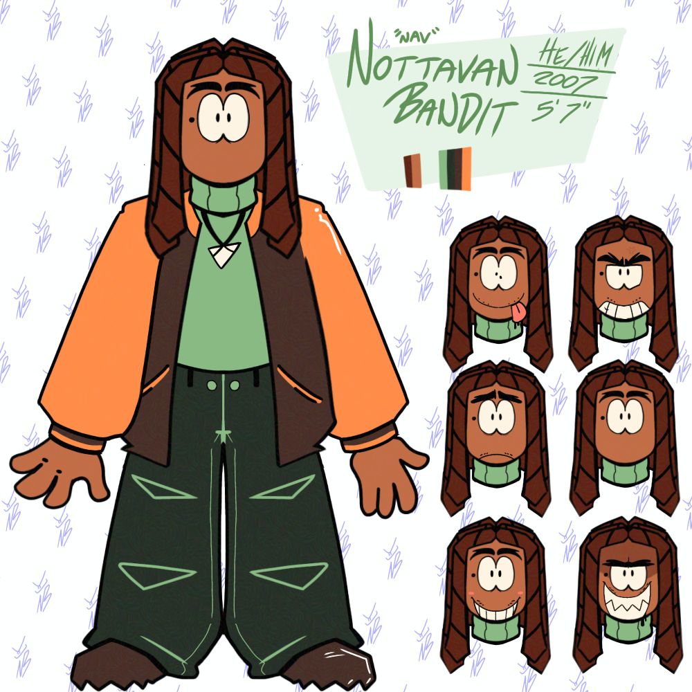 A reference sheet of Bolt280's self insert character, Nottavan "Nav" Bandit. Pronouns He/Him, year of birth 2007, height 5' 7" (wish I was a bit taller). Dark skinned, shoulder length hair, big peanut eyes, big forked eyebrows, small beauty mark next to right eye. Wears a dark varsity jacket with bright orange sleeves, shark tooth necklace, turtleneck sweaters, cargo pants and spiky boots. There are 6 different expressions, happy, angry, evil, sad, silly and neutral, his mouth does not show in neutral.