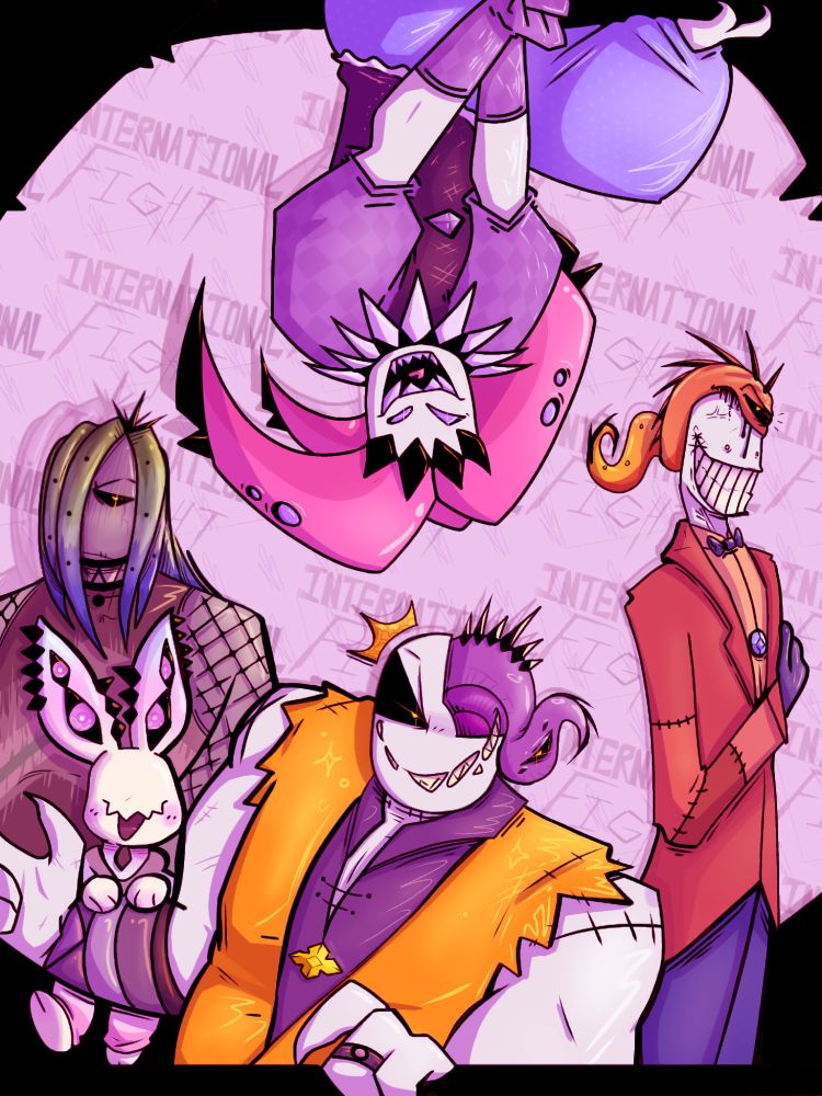 A group photo of various characters of different identities and orientations, they're colored to match the corresponding flags(left to right) B-Zero is an Achillean agender person, "the rabbit" is a transgender woman, Razza is a bisexual girl, King Oltaknack is an asexual intersex person, Twister is an aroace man