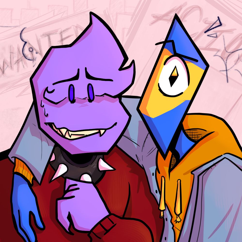 Description
(on the left) Octon, A young boy with lavender purple skin, two violet eyes, sharp hair, fangs and an octagon for a head, wearing a red knitted sweater and a spiked choker, looking happy yet anxious.
(on the right) Paro, A young boy with cobalt blue and lemon yellow skin, one black and yellow eye and a parallelogram for a head, wearing a blue denim jacket over a yellow drawstring hoodie. He's smirking and has his arm around Octon...
In the background are signs that read "WANTED" and "ACTION" behind Octon and Paro respectively