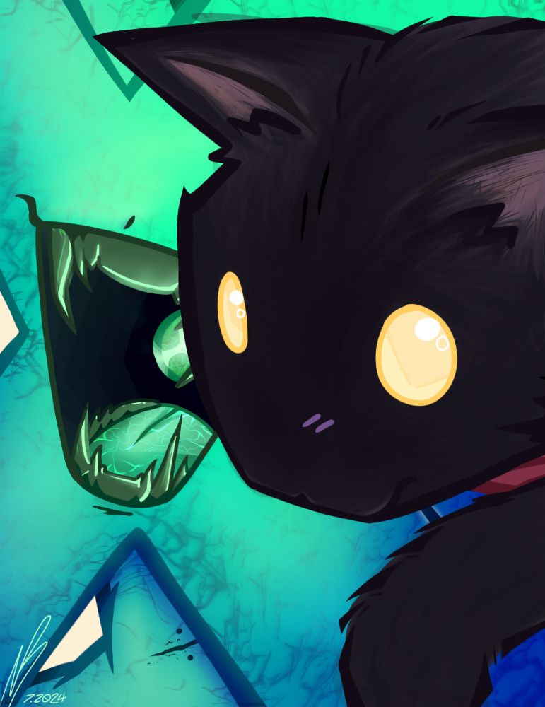 Close up shot of Axis: A neon green, geometrical object headed character, with sharp, dark green teeth and a bright green pupil in the back of his mouth, on his shoulder, Bella Bea: a black cat with yellow eyes and a red collar. They are happy together 