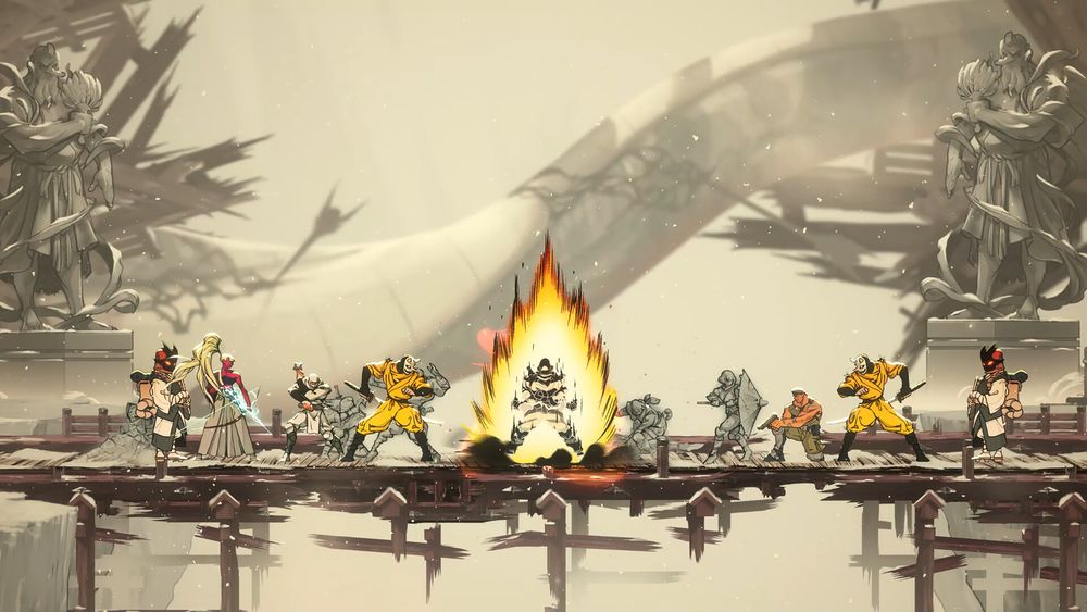 Uma imagem do novo jogo da franquia Shinobi, mostrando o protagonista acumulando poder, com uma grande aura ao seu redor, enquanto inimigos estão à sua volta, em um plano 2D.