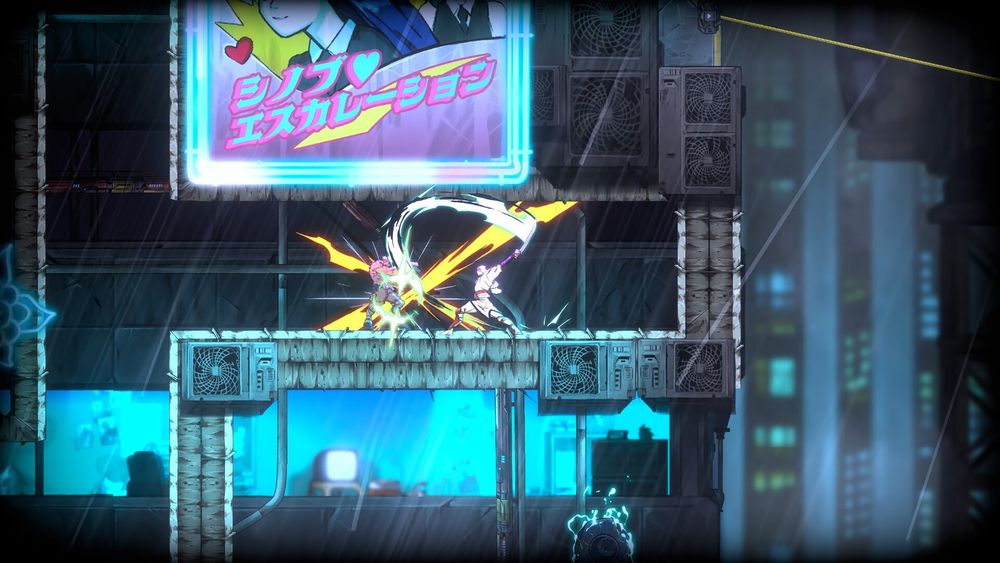 Uma imagem do novo jogo da franquia Shinobi, mostrando o protagonista lutando com sua espada contra um inimigo em um ambiente urbano, com placas neon e chuva acontecendo no fundo em um ambiente 2D.
