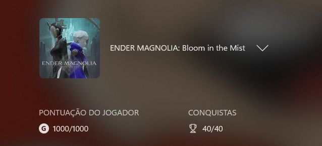 uma imagem que mostra Ender Magnolia: Bloom in the Mist, com 1000/1000 pontos feitos no sistema de conquistas do Xbox