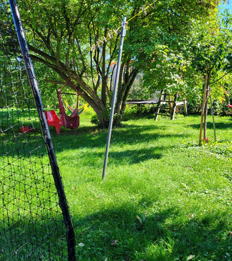fußballtoreck, grüner Rasen, hollerbaum mit hängesessel, roter Sessel, Stange,  kleiner baum klettergerüst