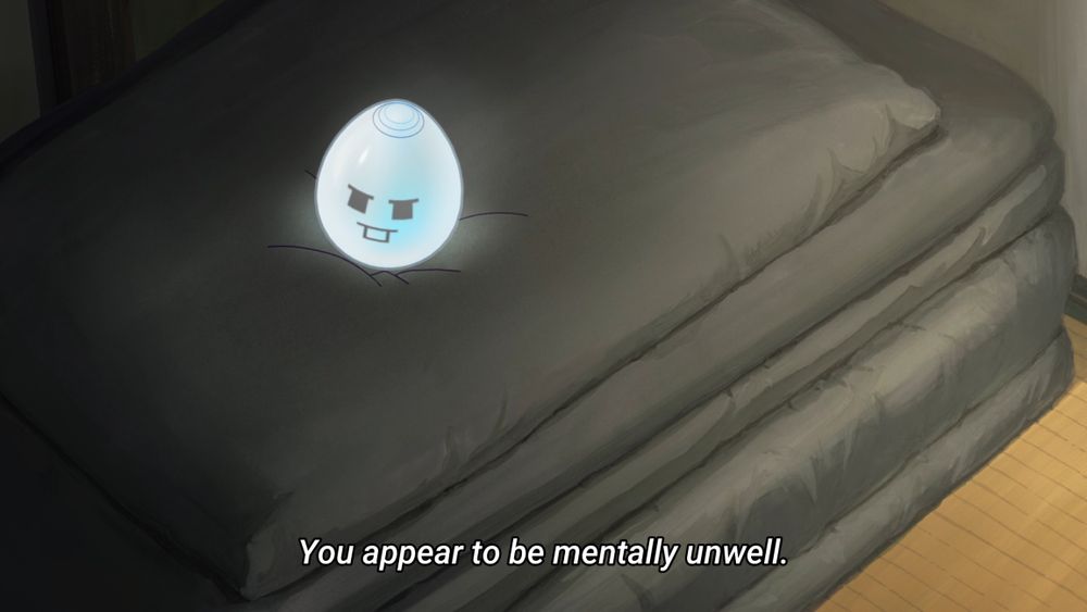 screenshot from Digimon Beatbreak Episode 1. an egg-shaped smart-device with a face sits on a bed, subtitles read "you appear to be mentally unwell"