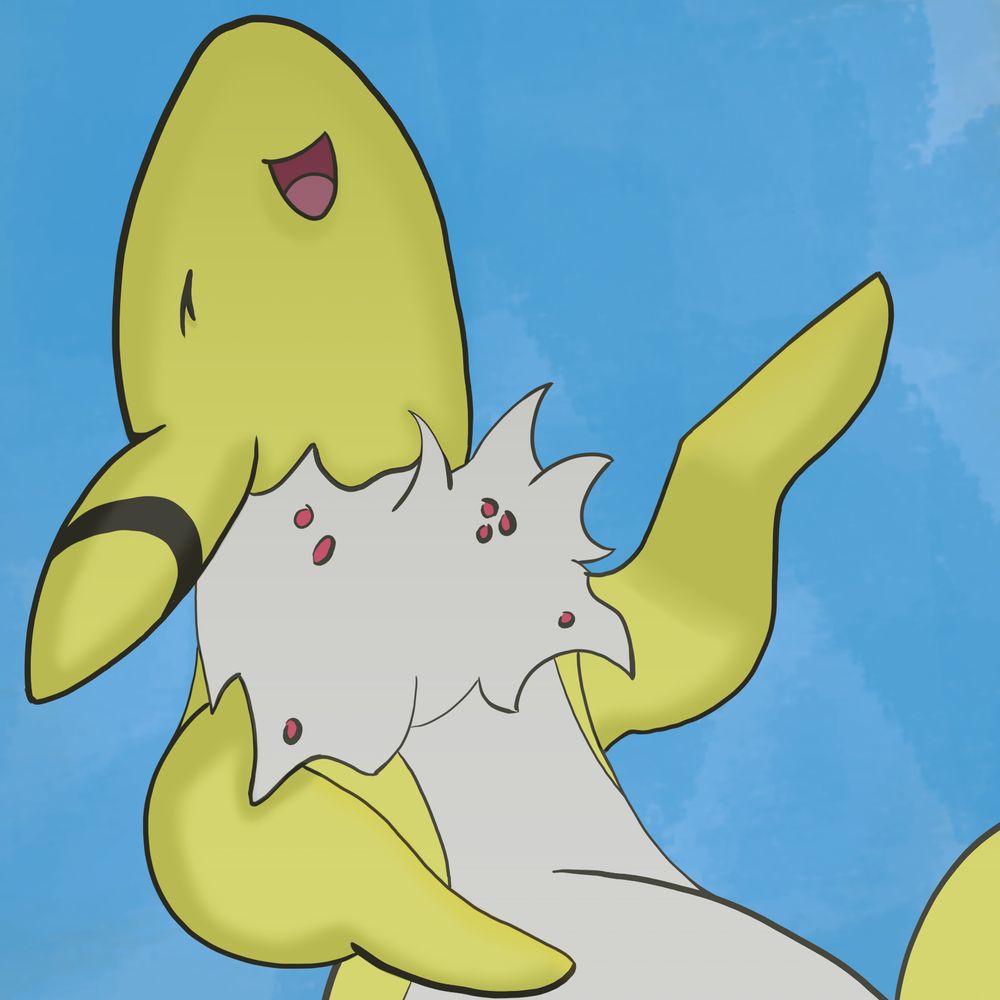 The pokémon Ampharos leaning backwards in heavy laughter.