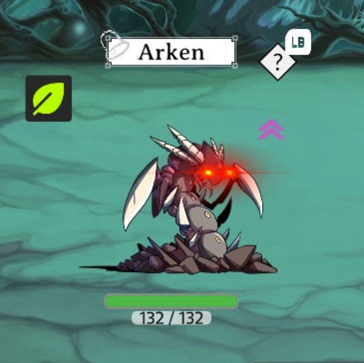 Screenshot of a Rogumon battle centered on Arken, with laser eyes overlaid