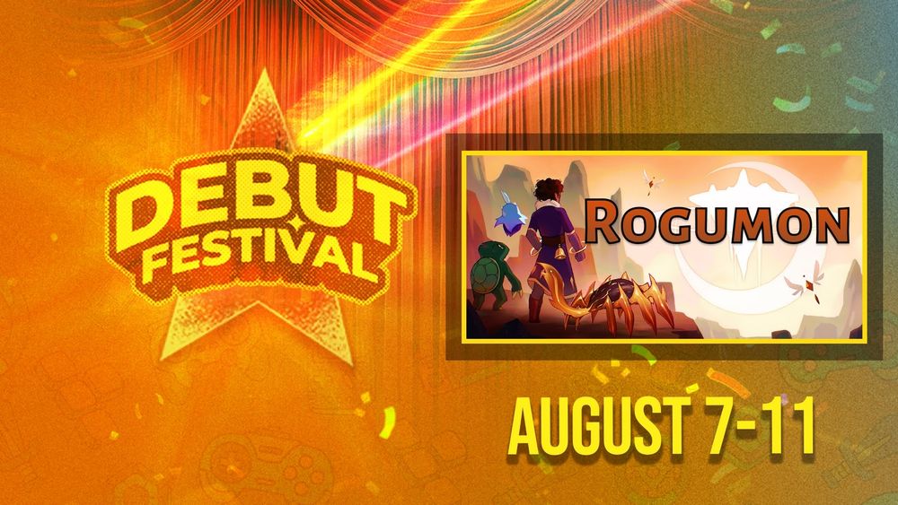 Promotional banner for Debut Festival August 7-11 featuring the creature-collecting roguelite game Rogumon