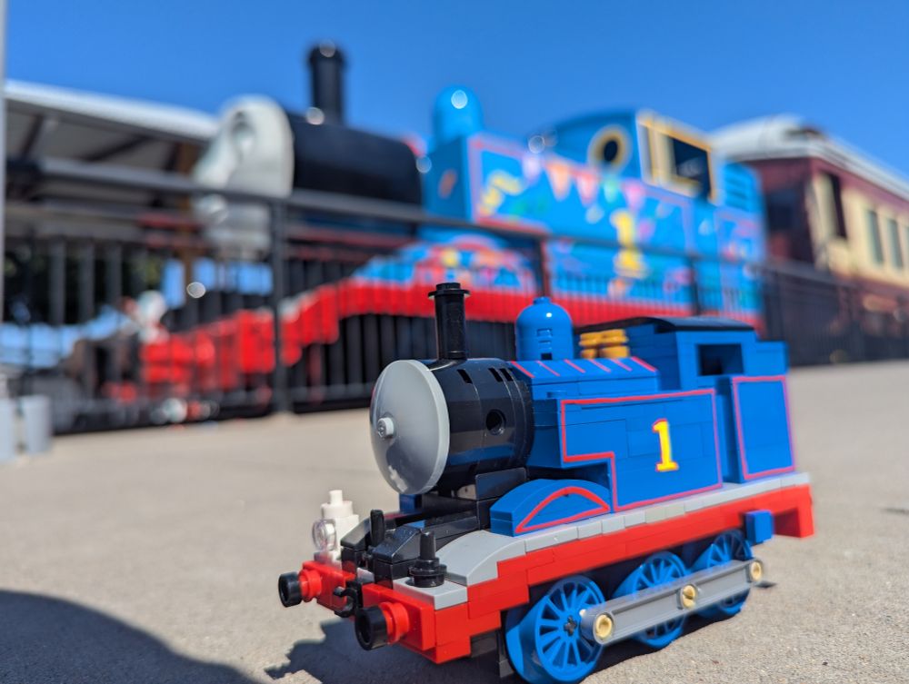 My lego thomas model in front of the thomas dummys that they use for day out with thomas events.