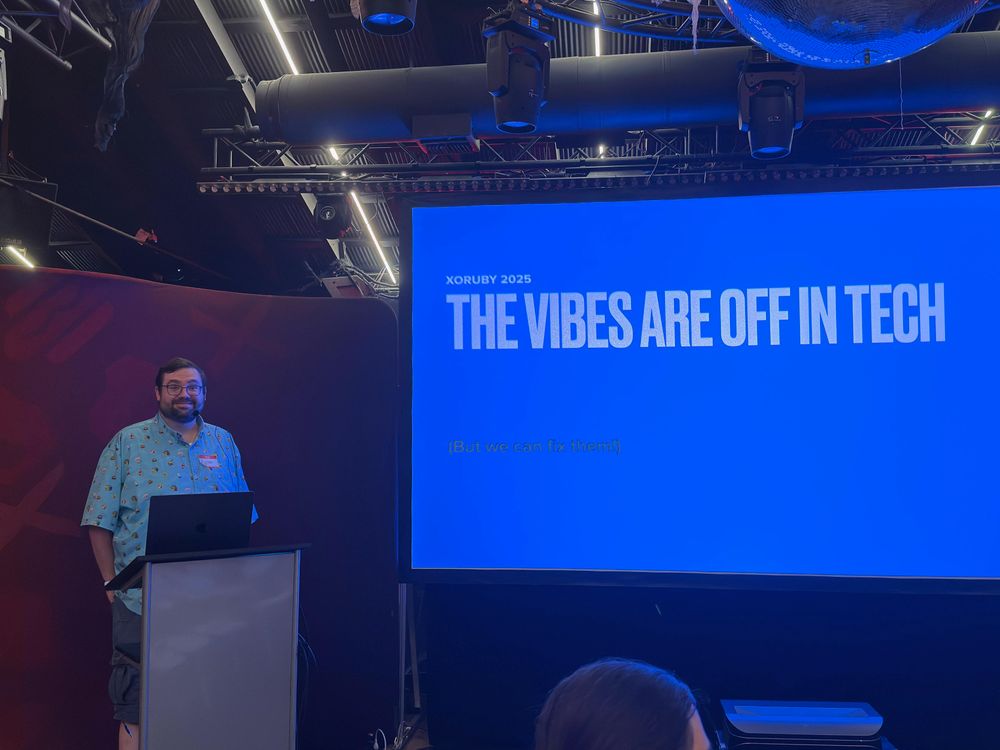 Me at XO Ruby Austin about to give my talk titled The Vibes Are Off In Tech. I look mildly nervous but I was excited. 