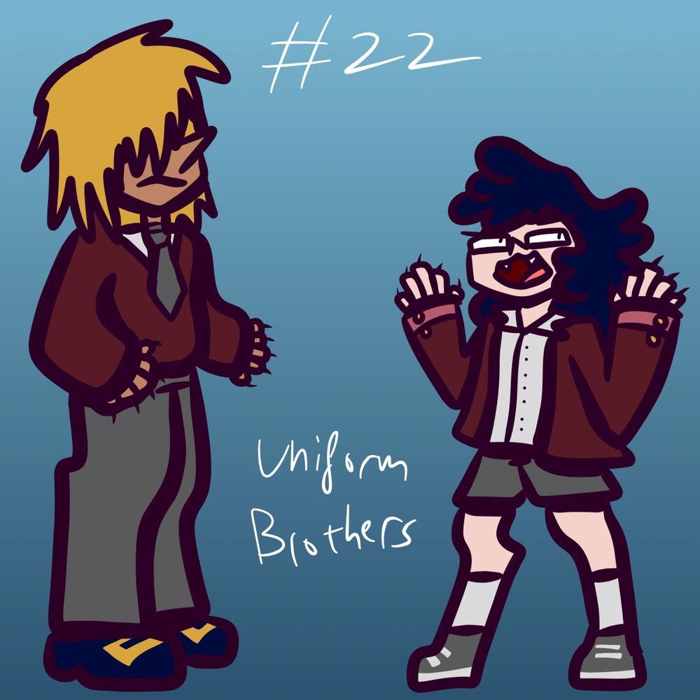 A digital illustration of 2 humanoid boys dressed in their fancy school uniforms.