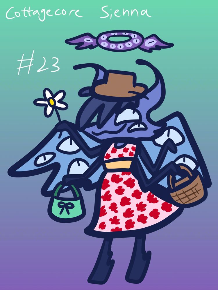 A digital illustration of a blue angel, insect and fox-like creature. They are dressed in cottagecore fashion, with a patterned dress and a brown hat, and are holding a picnic basket and a mint coloured bag.