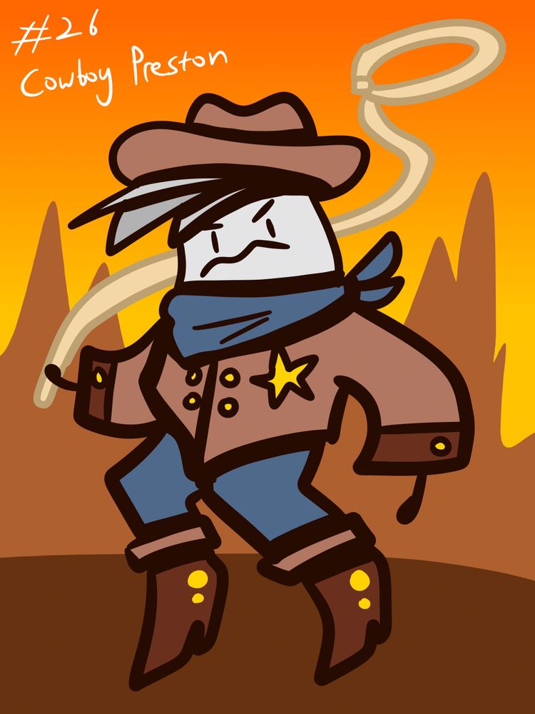 A digital illustration of a paper-like creature. He is dressed in cowboy fashion and wields a lasso