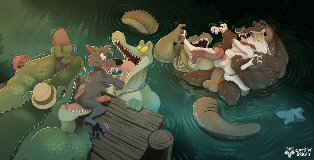 A cartoony scene of two anthropomorphic wolves engaging in sexual activities with four anthropomorphic gators in a swamp. On the left, one wolf is being tongued by two gators from both ends. In the water, one wolf is being held and penetrated by one gator, while another gator wraps his tongue around the wolf's cock.