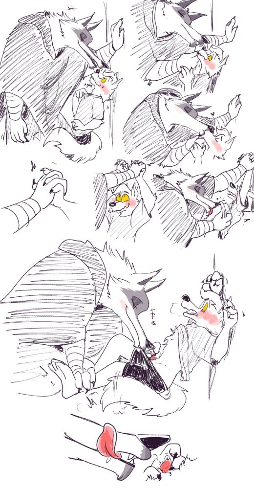 Art of a set of sketches depicting two anthropomorphic wolves getting frisky along a wall.