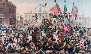 A painting of blue-coated british cavalry riding down a mob. 