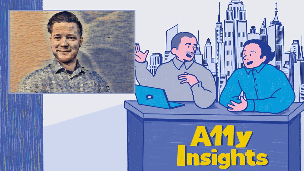 Illustration of Thomas and Ken at a desk with A11y Insights. Thomas has a laptop in front of him. A city skyline is in the distance behind them. The news window shows an illustration of James Warnken.