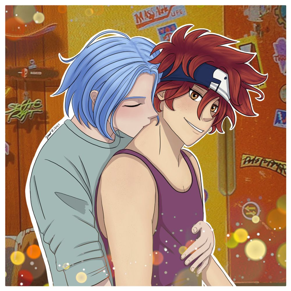 Fanart of Langa kissing Reki's neck. Langa is wearing a teal sweater and Reki a purple tank top. They are in Reki's room.