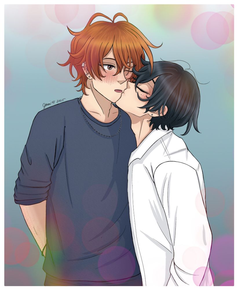 Digital Fanart of Miyano, a short black haired boy, giving his tall red-haired boyfriend, Sasaki, a kiss on the cheek.