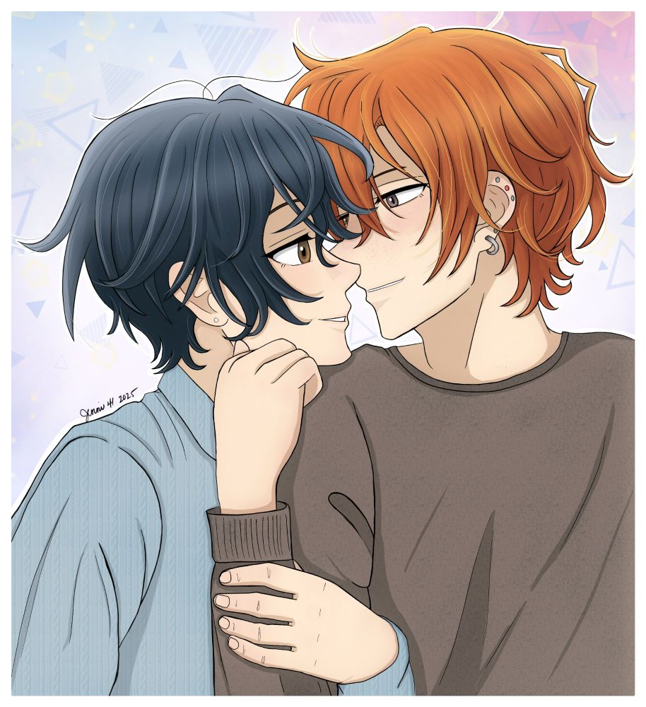 Fanart of Sasaki and Miyano. Miyano is holding Sasaki's arm and Sasaki is brushing Miyano's cheek. They are looking lovingly at each other. 