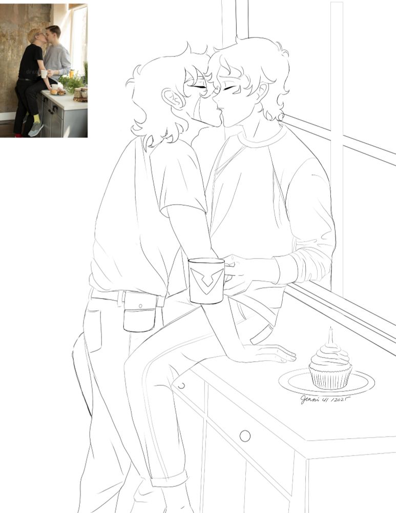 Line art/sketch of Keith and Lance from VLD. Lance is sitting on a counter with a mug in his hand by a cupcake and Keith his kissing him.