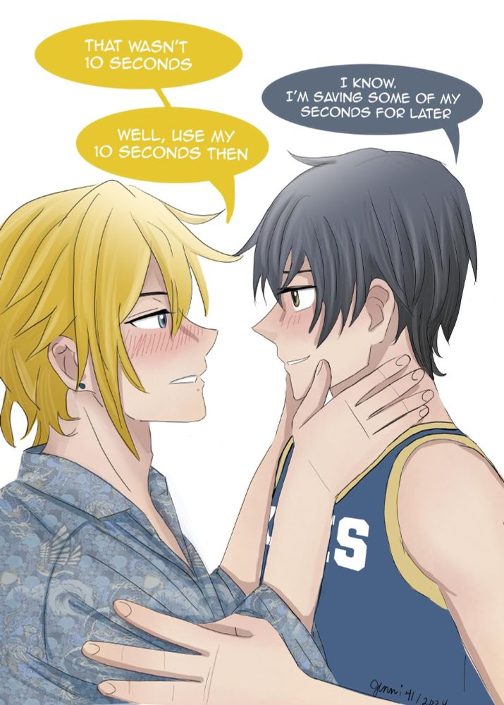 A blond Hirano is holding Kagi's face in his hands and is scolding Kagi. Hirano says, "That wasn't 10 seconds."
Kagi says, "I know. I am saving some of my seconds for later."
Hirano says, "Well, use my 10 seconds then. 