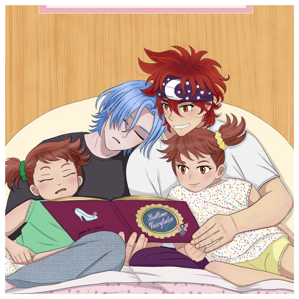 Digital Fanart of Reki from Sk8 The Infinity, reading a storybook to his sisters before bed. Langa is asleep on his shoulder with a twin asleep in his lap. The other twin, in Reki's lap is looking at the book. No light rendering so the colours are brighter.