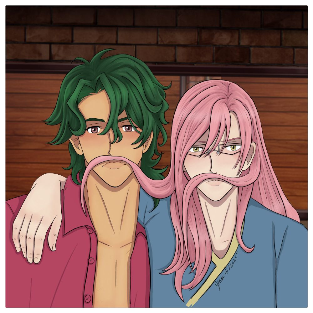 Digital Fanart of Joe and Cherry from Sk8 The Infinity. They are looking at the viewer. Cherry has his arm around Joe and they have Cherry's hair draped over their lips like mustaches. 