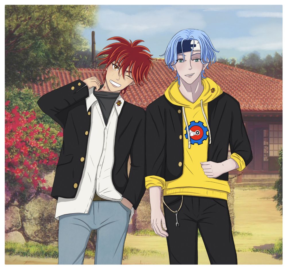 Fanart of Reki and Langa wearing each other's clothes. Reki is pulling on the turtle neck to reveal hickies.