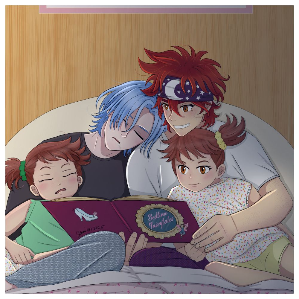 Digital Fanart of Reki from Sk8 The Infinity, reading a storybook to his sisters before bed. Langa is asleep on his shoulder with a twin asleep in his lap. The other twin, in Reki's lap is looking at the book. Rendered to give a lamp light effect.