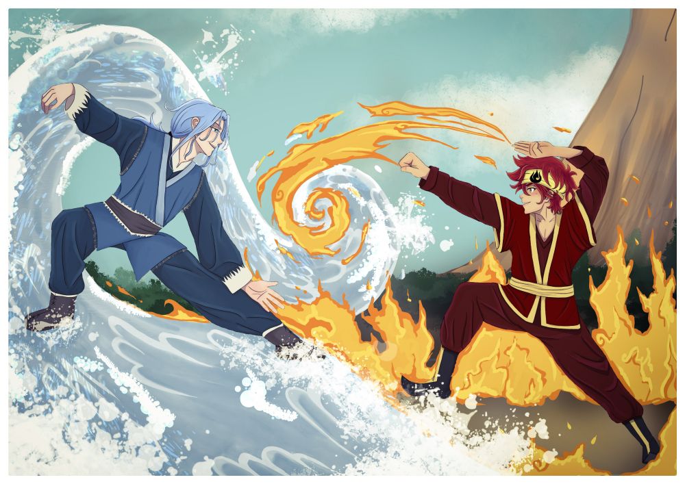 Digital Fanart of Langa and Reki from Sk8 The Infinity as Avatar benders. Langa is a water bender and Reki is a fire bender. They are friendly sparring. 