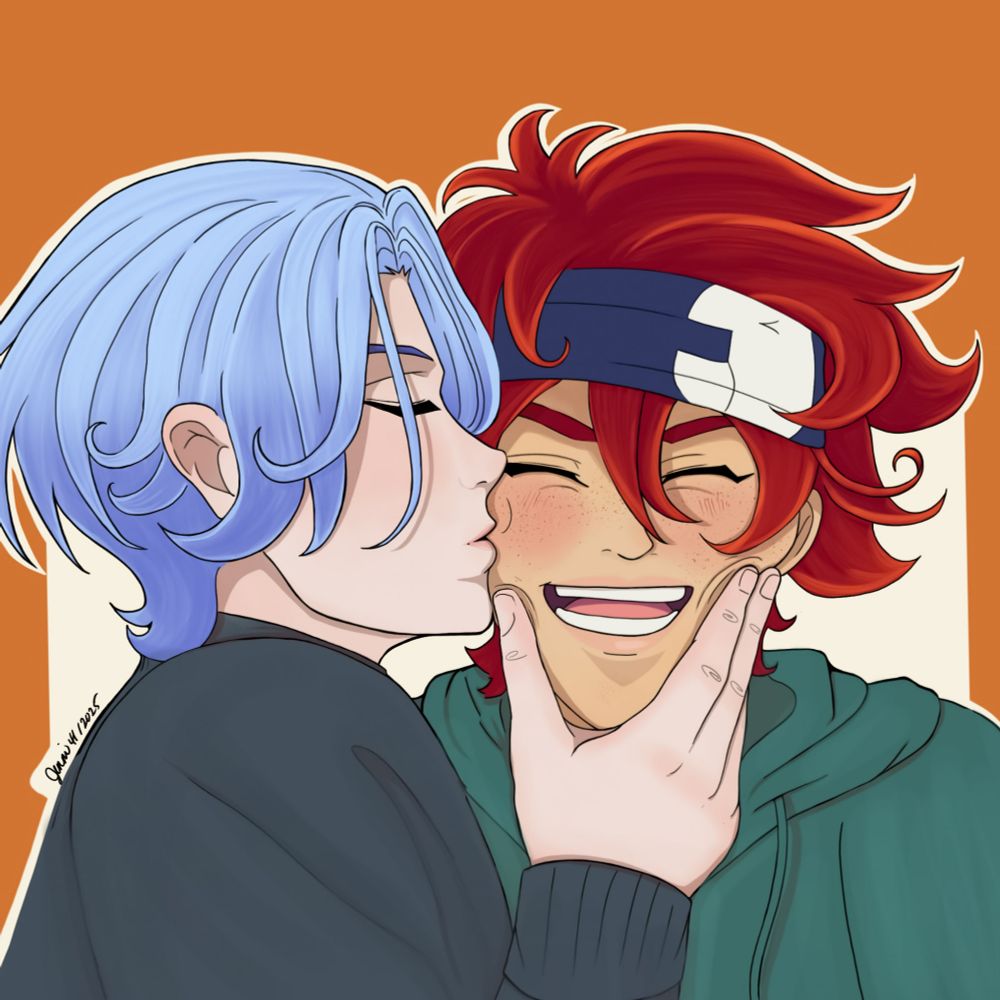 Digital Fanart of Renga from Sk8 The Infinity. Langa is squeezing and kissing Reki's face.