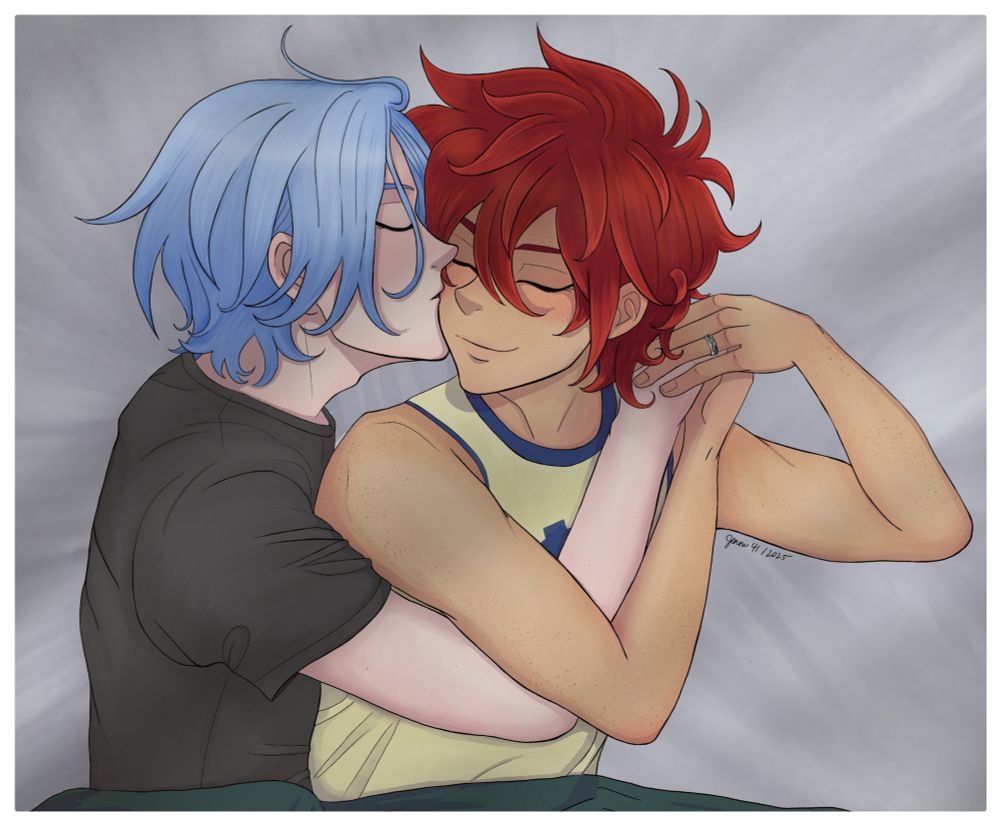 Digital Fanart of Langa and Reki from Sk8 The Infinity spooning. Langa is the big spoon and giving Reki a kiss on the cheek.