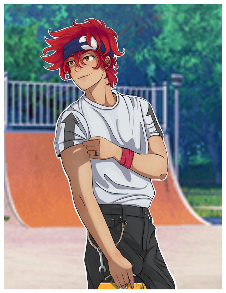 Digital Fanart of Reki from Sk8 The Infinity wearing Langa's tshirt and holding his skateboard at the skateboard park.