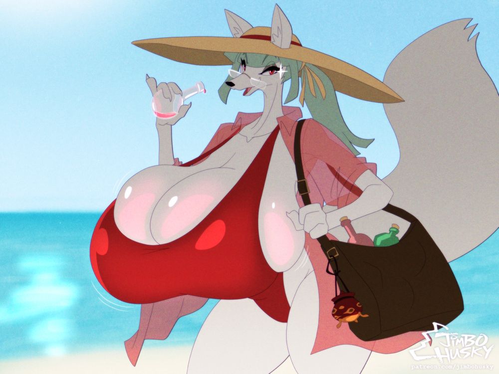 A cel-colored illustration resembling a screncap from an animated TV show. An anthro white fox wearing a broad-brimmed straw hat, glasses, a red one-piece swimsuit, and a sheer red long shirt, and carrying a dark brown bag over her shoulder, walking along a beach and looking at the viewer. She holds an empty potion bottle in her hand with a little bit of pink liquid remaining and looks at the viewer with a mischievous glint in her eye, and her breasts have grown enormous and are glowing slightly pink, bulging out of the top and sides of her onepiece swimsuit. Her bag is stuffed with more potion bottles, and a small alchemy pot dangling off the side.