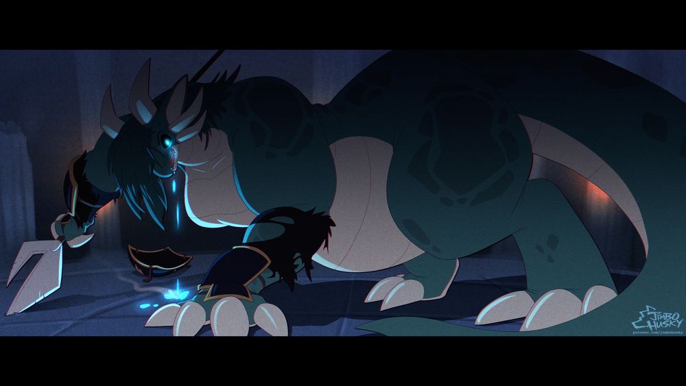 The dragon knight's immense bent-over form fills the frame, gripping the much smaller polearm with one hand and poised on the ground supporting her new weight with the other hand, thick haunches and tail blocking torches burning on distant unbroken pillars in the cavernous chamber. Teal magma drips from her mouth and singes the floor.