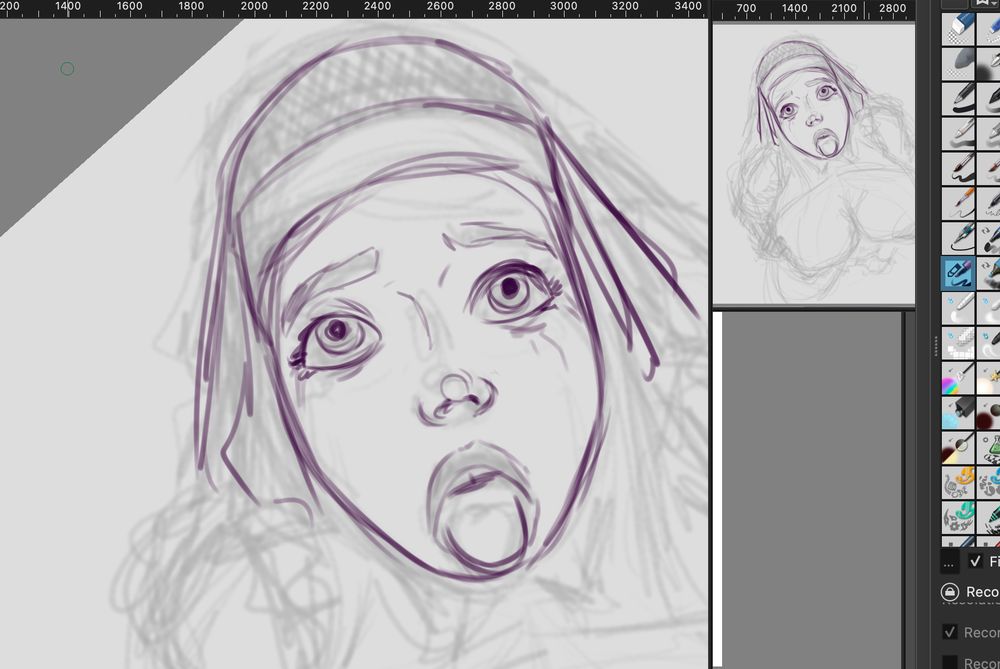 Digital sketch, in progress, of a nun with giant hooters ready to catch your seed.