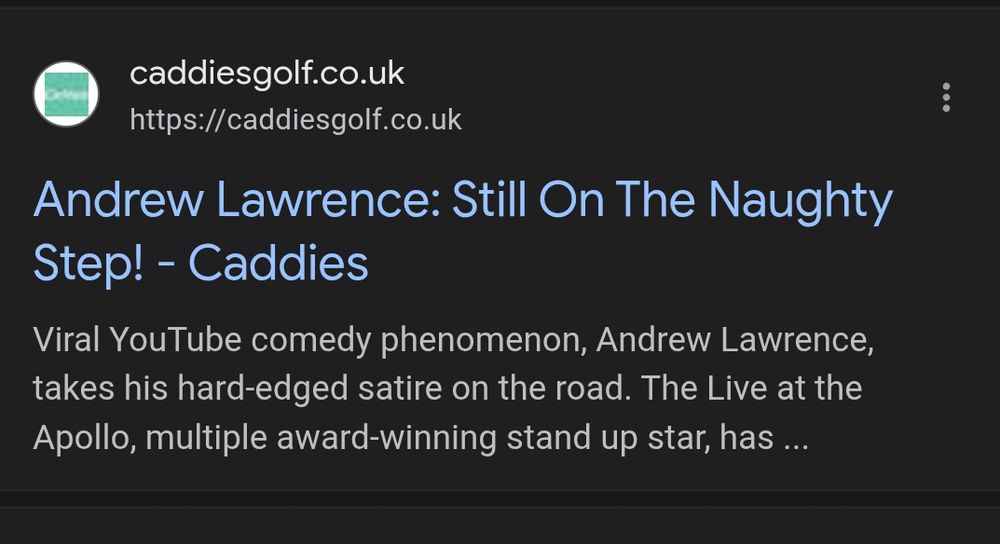 A Google result showing a dead link to a cancelled Andrew Lawrence comedy gig at Caddies mini-golf in Southend
