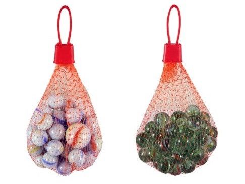 Two mesh bags containing children's toy marbles