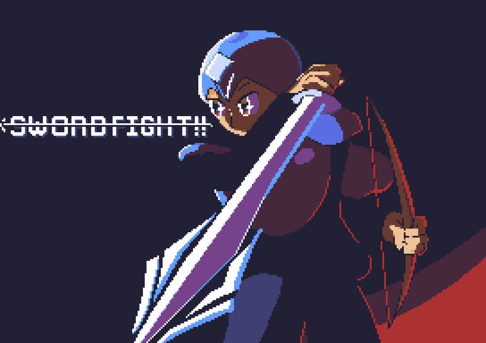 banner art for swordfight featuring a character with blue armor holding a sword in one hand and a bow in the other