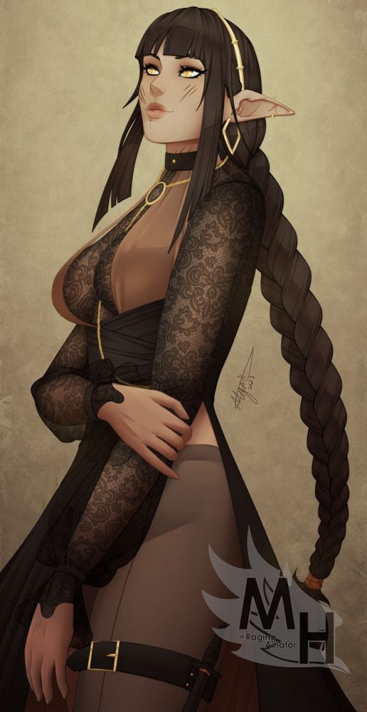 Original character Alestine. She has olive skin and dark brown hair in a long braid. She has golden eyes and a scarred face. She's wearing a dark brown dress with lace sleeves. She's standing up straight with one hand holding the elbow of her opposite arm.
