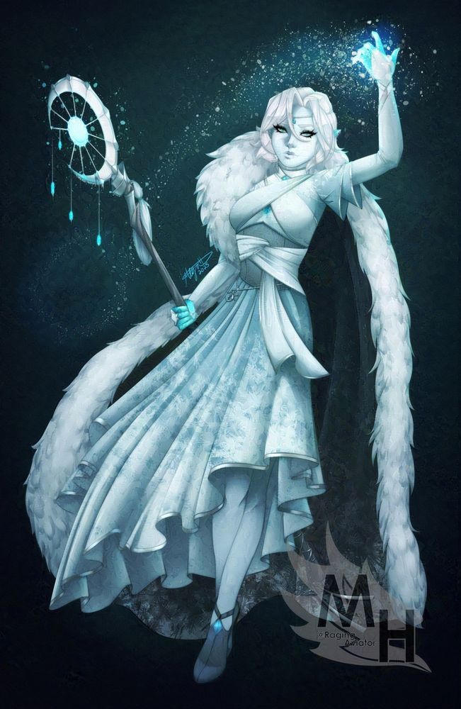 (arttag) A white-skinned woman with short, white hair.She has a large furred cloaks and a long blue-white dress. She's wielding a moon-shaped staff and casting frost magic from her other hand.