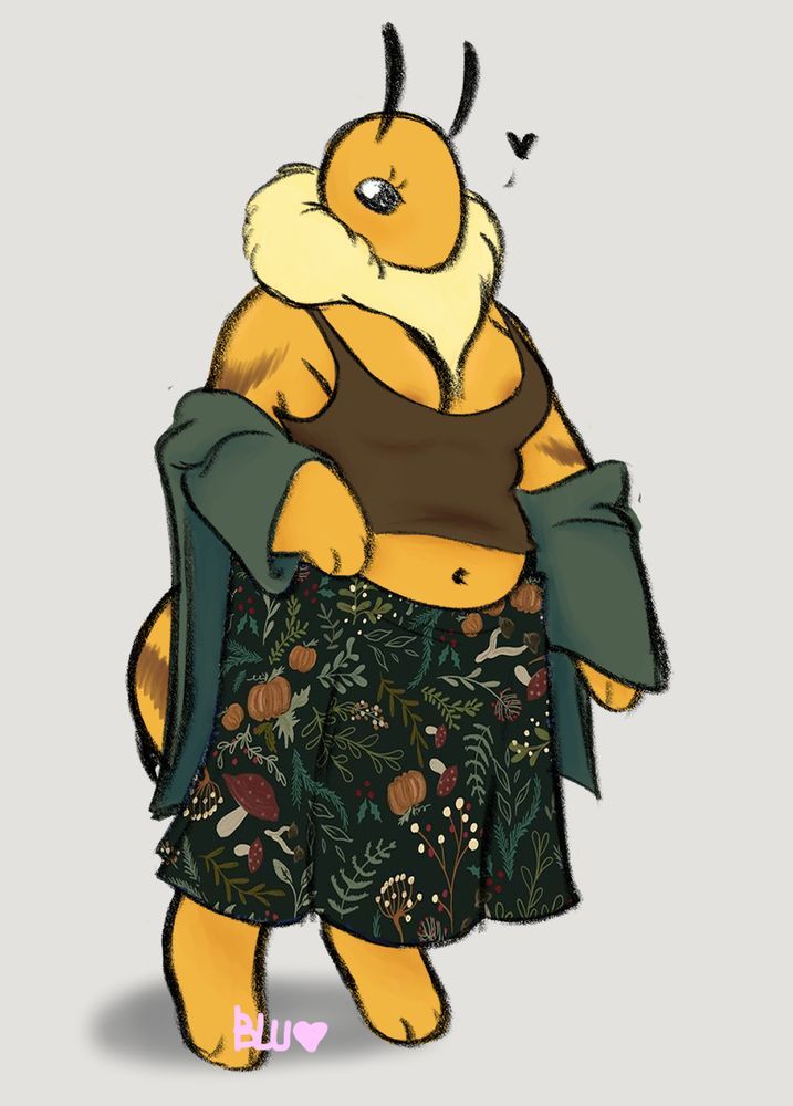 A digital drawing of a chubby bee girl. She is wearing a brown tank top, patterned skirt, and loose green cardigan. 